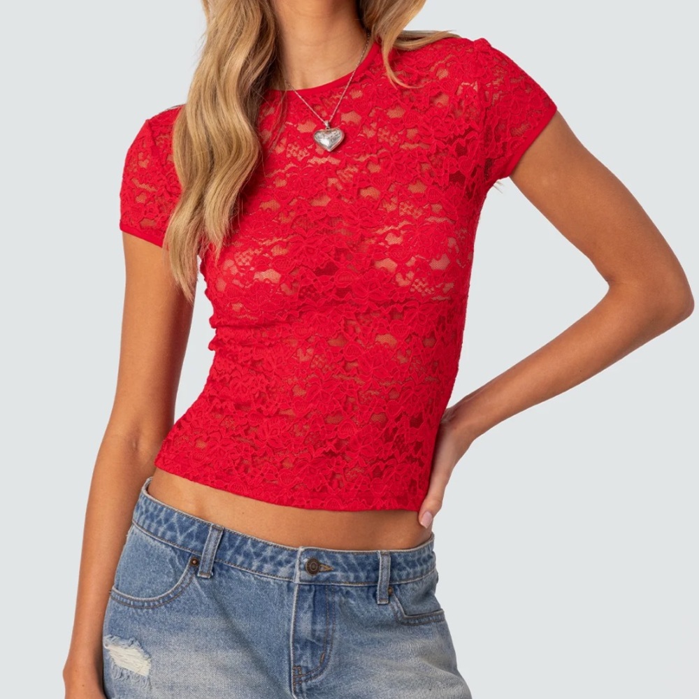 Red Lace Sheer Top